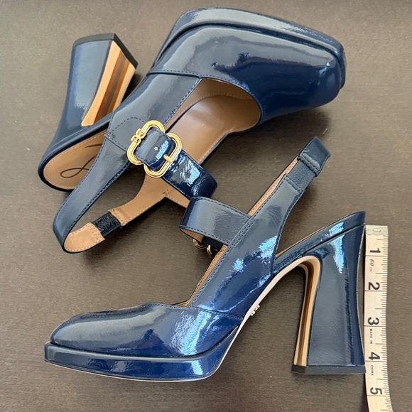 NWOT Sam Edelman Navy Patent Mary Jane Slingback Heels with Gold Buckle Accent - Picture 10 of 11